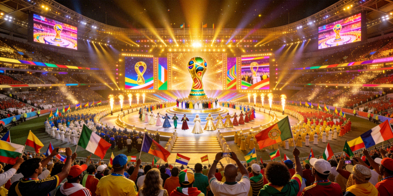 世界杯开幕式现场盛况 - 体育场内座无虚席，灯光璀璨，中央表演正在进行